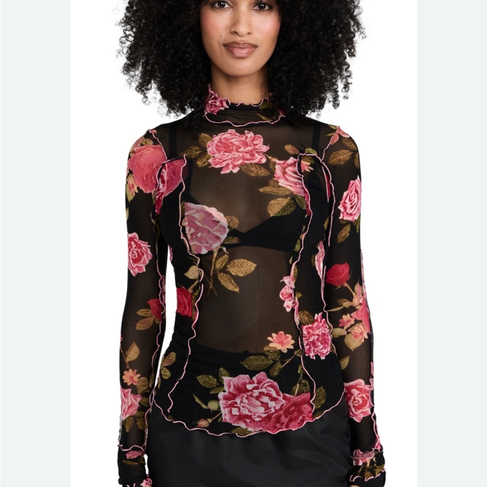 Free People Black Floral Mesh Top Size S
